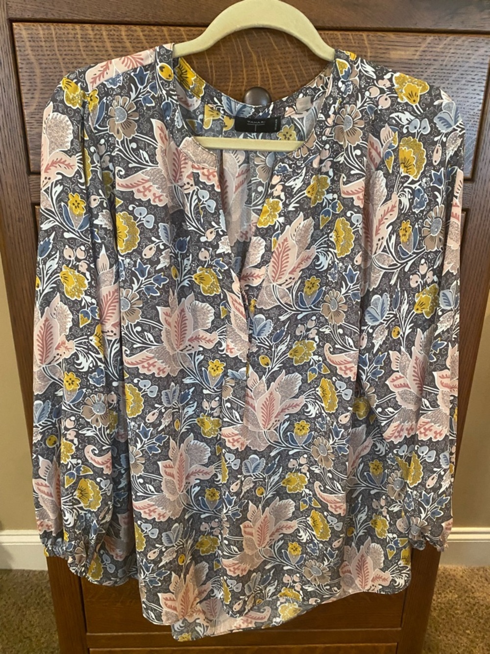 Tahari Floral Split‑Neck Blouse in Gray, Pink & Yellow